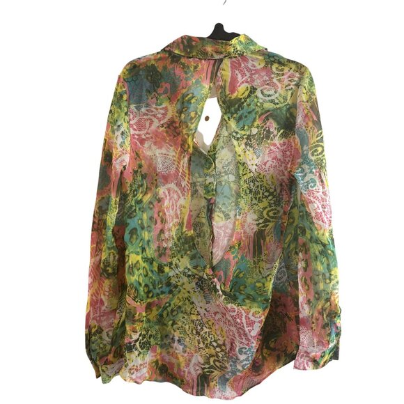 Sans Souci Sheer Button-Up Womens Small Polyester Multicolor Blouse Floral Boho - Picture 2 of 8
